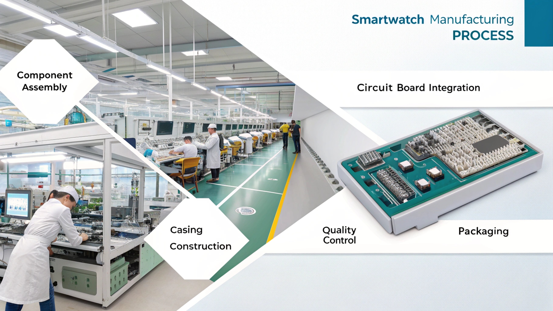 Smartwatch manufacturing process including assembly, integration, and quality control